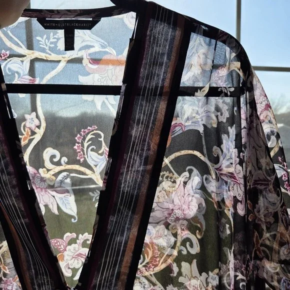 White House Black Market Kimono L XL Black Sheer Chiffon Tasseled Lagenlook Boho - Picture 5 of 10